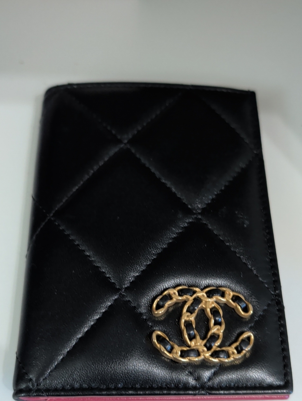CHANEL Black Quilted Leather Card & Key Holder with Gold CC Chain Logo